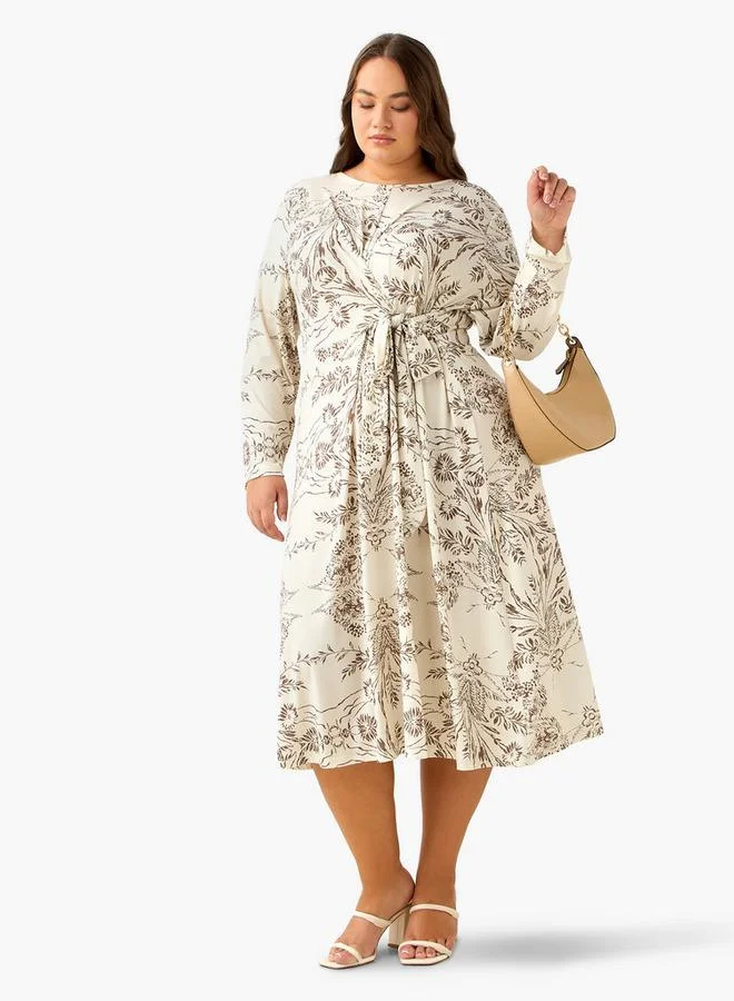 Ulla Popken Ulla Popken A-line Midi Dress with Knot Detail and Floral Print